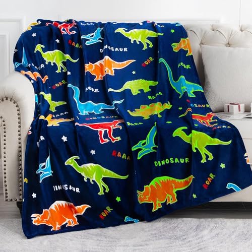 BLiSS HUES Glow in The Dark Blanket Dinosaur | 200 x 152cm/ 80 x 60 inch |Gifts for Toddler- Kids-Teen Girls | Bedroom Decor | All Season Luminous Blanket- Dark Blue - Image 1