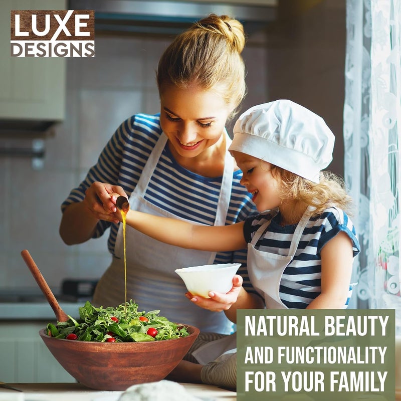 Luxe Designs Wooden Salad Bowl Set  Food Safe  Sustainable Decorative Bowl  Wood Bowl for Fruits  Salads  Easy to Clean Large Salad Bowls Set wSpoon Fork  Wooden Bowls for Food Dark Burnt - Image 4