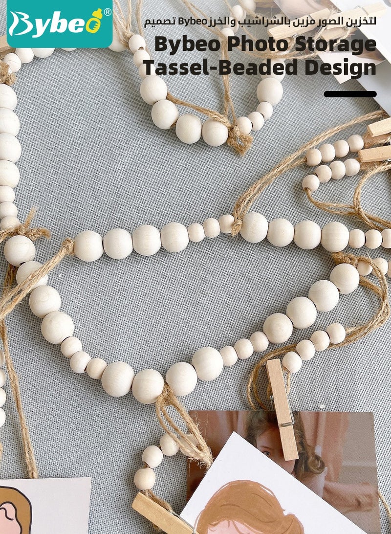 Bybeo Wall Hanging Picture Organizer, Hanging Photo Display, Boho Wooden Bead Garland Photo with 18 Clips for Dorm, Bedroom, Living Room, Office Cubicle Decor  - Image 3