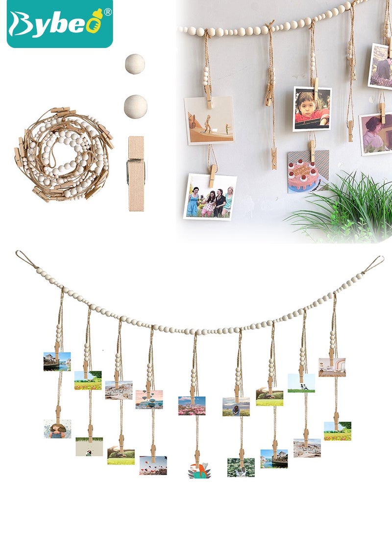 Bybeo Wall Hanging Picture Organizer, Hanging Photo Display, Boho Wooden Bead Garland Photo with 18 Clips for Dorm, Bedroom, Living Room, Office Cubicle Decor  - Image 1