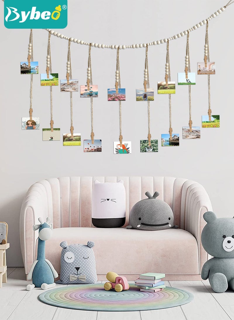 Bybeo Wall Hanging Picture Organizer, Hanging Photo Display, Boho Wooden Bead Garland Photo with 18 Clips for Dorm, Bedroom, Living Room, Office Cubicle Decor  - Image 5