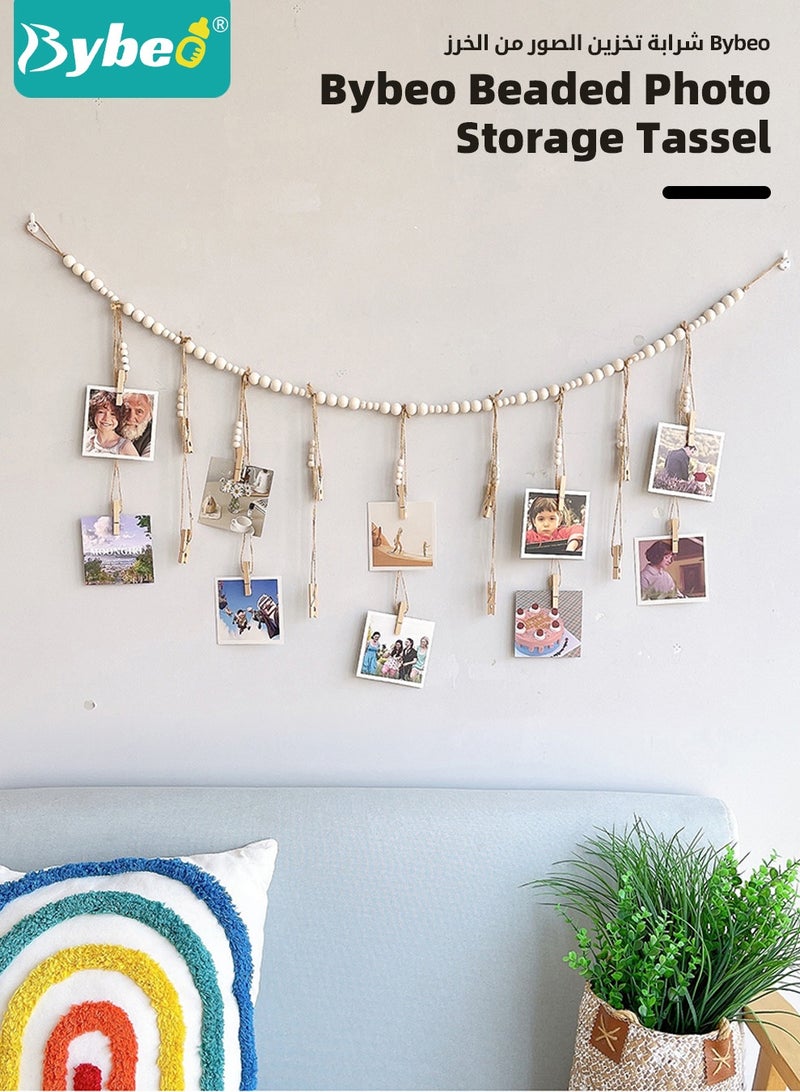 Bybeo Wall Hanging Picture Organizer, Hanging Photo Display, Boho Wooden Bead Garland Photo with 18 Clips for Dorm, Bedroom, Living Room, Office Cubicle Decor  - Image 2