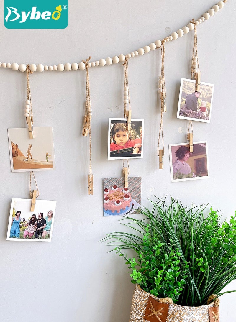 Bybeo Wall Hanging Picture Organizer, Hanging Photo Display, Boho Wooden Bead Garland Photo with 18 Clips for Dorm, Bedroom, Living Room, Office Cubicle Decor  - Image 4