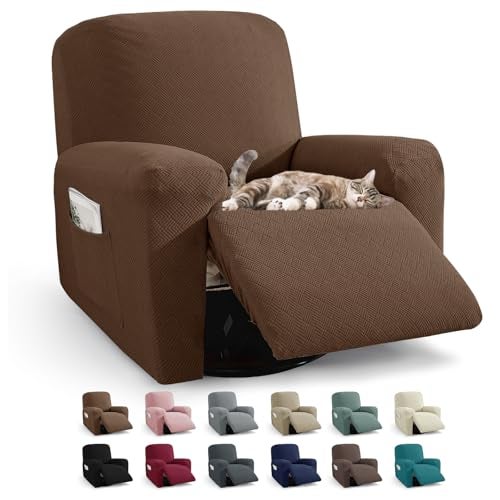JIVINER 3 Piece Recliner Chair Cover Stretch Lazy Boy Non Slip Covers for Recliner with Pockets Soft Jacquard Reclining Sofa Slipcovers Furniture Protector with Elastic Bottom (1 Seater, Brown) - Image 1
