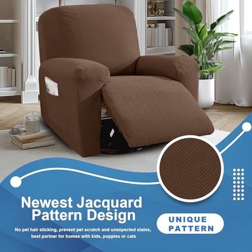 JIVINER 3 Piece Recliner Chair Cover Stretch Lazy Boy Non Slip Covers for Recliner with Pockets Soft Jacquard Reclining Sofa Slipcovers Furniture Protector with Elastic Bottom (1 Seater, Brown) - Image 3