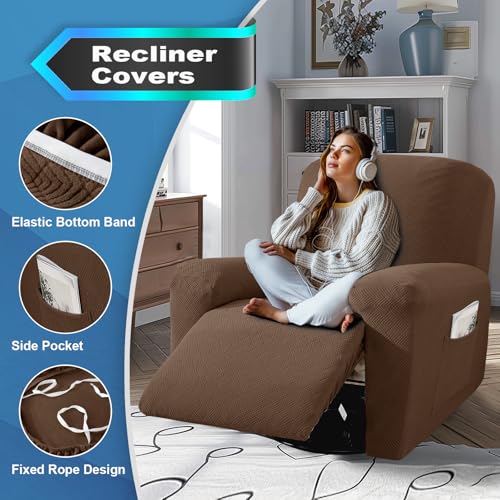 JIVINER 3 Piece Recliner Chair Cover Stretch Lazy Boy Non Slip Covers for Recliner with Pockets Soft Jacquard Reclining Sofa Slipcovers Furniture Protector with Elastic Bottom (1 Seater, Brown) - Image 2