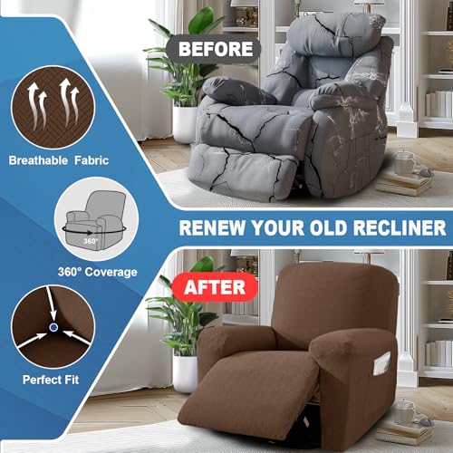 JIVINER 3 Piece Recliner Chair Cover Stretch Lazy Boy Non Slip Covers for Recliner with Pockets Soft Jacquard Reclining Sofa Slipcovers Furniture Protector with Elastic Bottom (1 Seater, Brown) - Image 4