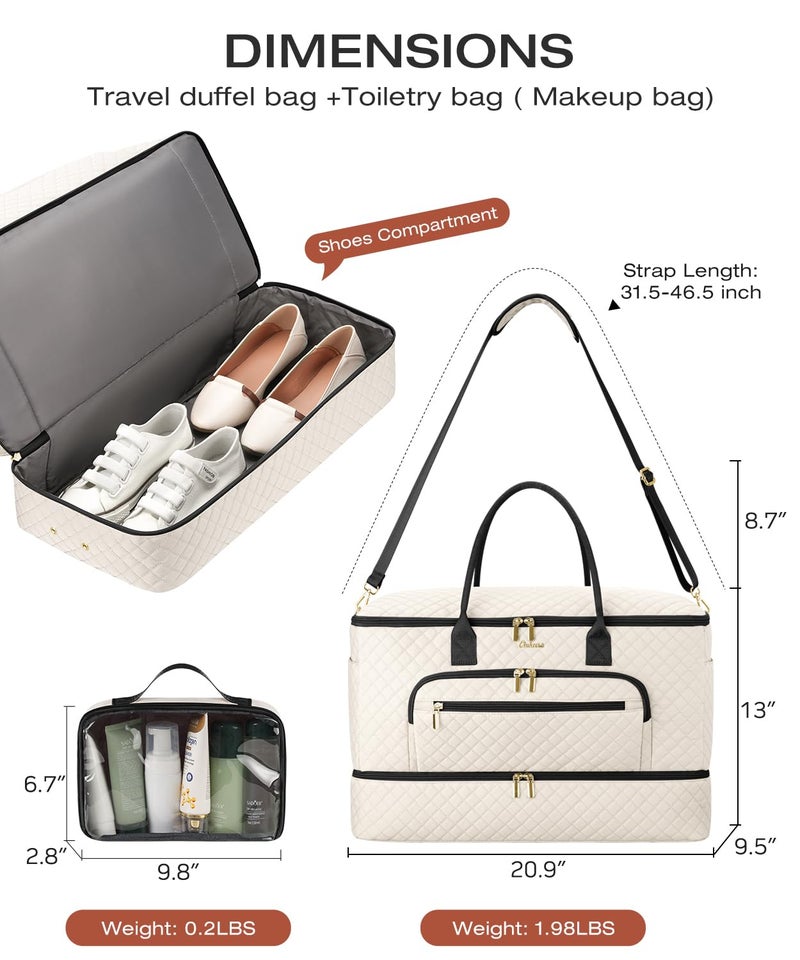 CLOKARS Travel Duffle Bag, Wide Open Large Weekender Bag for Women with Shoe Compartment, Carry on Overnight Bags with Toiletry Bag, Hospital Bag for Women Labor Delivery with Wet Pocket (Beige Black) - Image 4