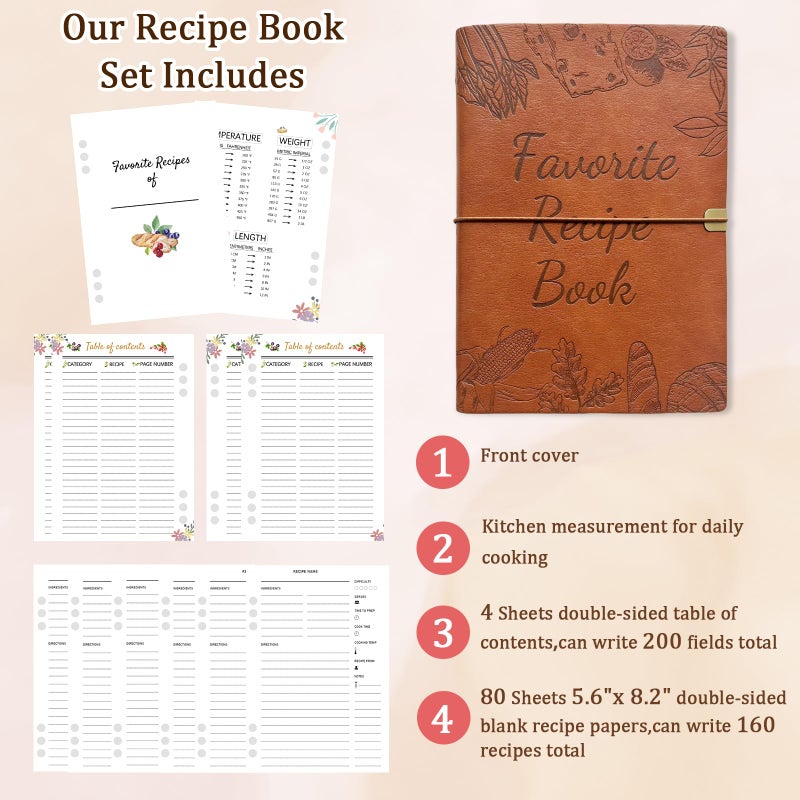 leeveel Blank Recipe Book to Write in Your Own Recipes, 5.6 X 8.2 Recipe Ring Binder with PU Leather Cover, Recipe Journal with 160 Recipes (80 sheets blank recipe papers) - Image 5