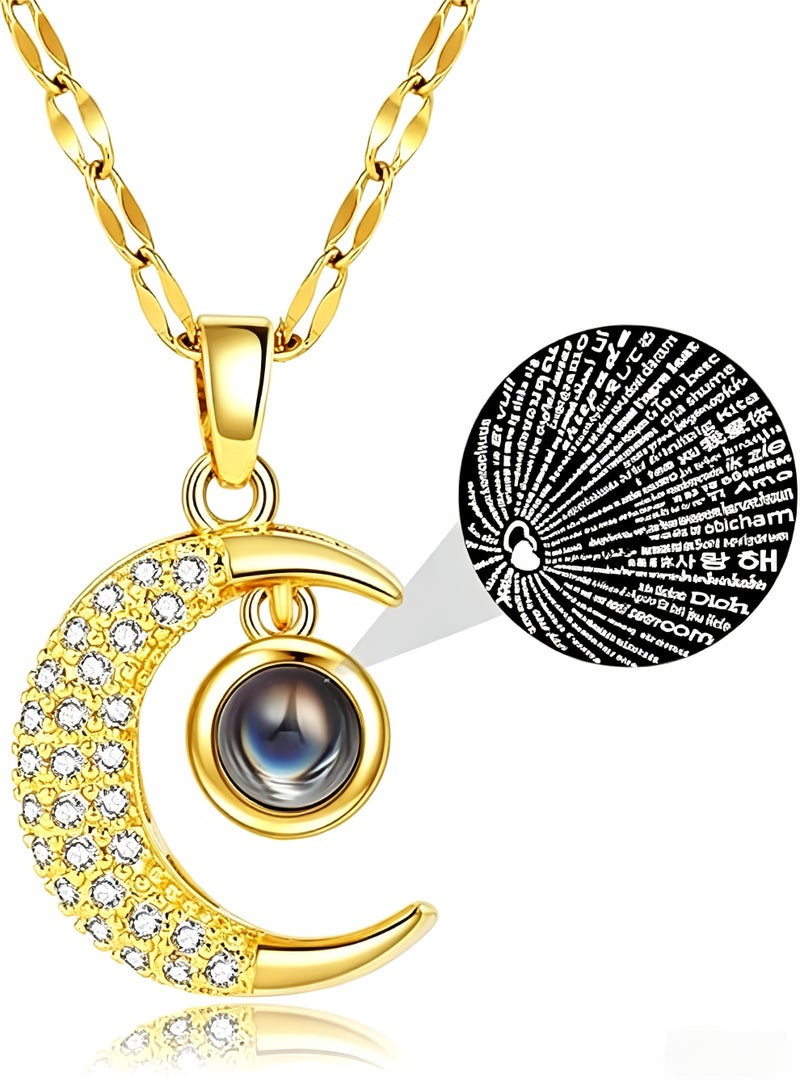 loven Golden crescent moon projection pendant necklace that projects "I love you" in 100 languages. 14K gold plated, crystal starry sky pendant, adjustable chain. Perfect as a birthday, Christmas, or anniversary gift. 18 inches. - Image 1