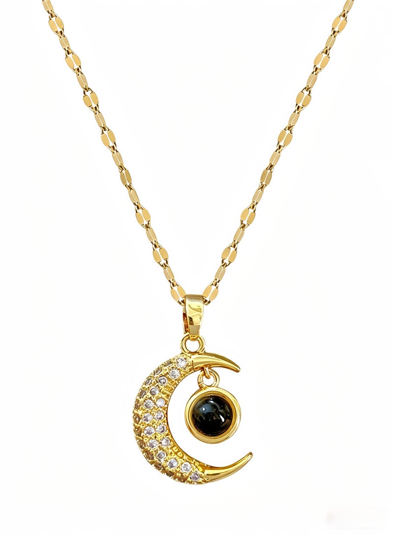 loven Golden crescent moon projection pendant necklace that projects "I love you" in 100 languages. 14K gold plated, crystal starry sky pendant, adjustable chain. Perfect as a birthday, Christmas, or anniversary gift. 18 inches. - Image 2