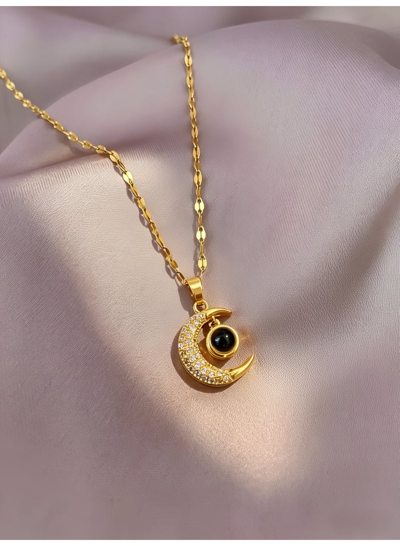 loven Golden crescent moon projection pendant necklace that projects "I love you" in 100 languages. 14K gold plated, crystal starry sky pendant, adjustable chain. Perfect as a birthday, Christmas, or anniversary gift. 18 inches. - Image 3