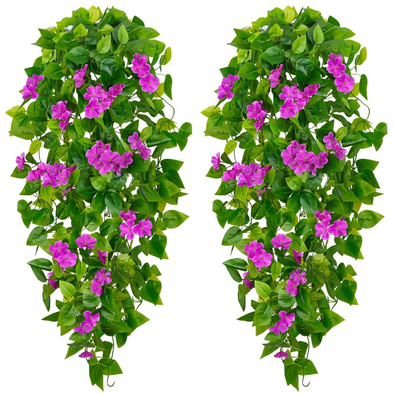 BLEUM CADE نباتات معلقة صناعية من BLEUM CADE، قطعتان من النباتات المعلقة الصناعية، كروم بوتوس صناعية مع أزهار ونباتات خضراء لتزيين جدران المنزل وغرفة المعيشة الداخلية والخارجية (بدون سلال، بنفسجي) - Image 1