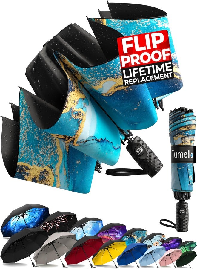 TUMELLA Flip-proof Inverted Travel Umbrella, Small Strong but Light Portable and Automatic Reverse Folding Rain Umbrella, Durable Premium Grip, Fits Car & Backpack, Q. Royal Azure, 117 cm diameter - Image 1