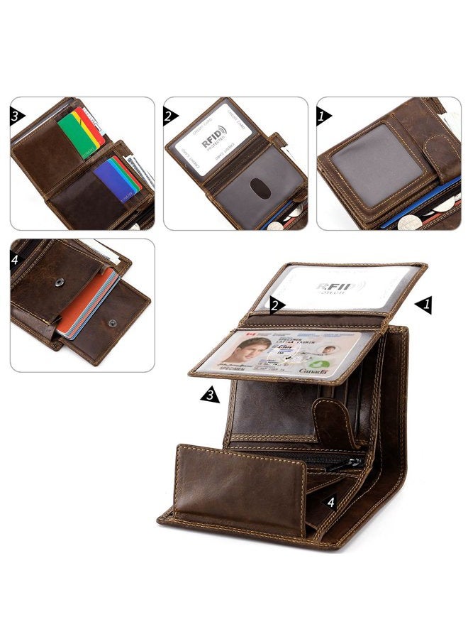 HAWEE Trifold Billfold RFID Blocking Cowhide Leather Wallet for Men 10 Card Slots 2 ID Windows with Coin Pocket, Coffee, 5.1 * 4.1 * 0.6 inch, Vintage - Image 3
