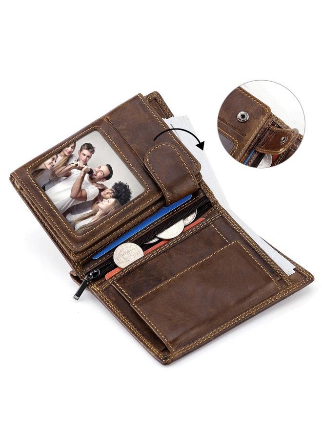 HAWEE Trifold Billfold RFID Blocking Cowhide Leather Wallet for Men 10 Card Slots 2 ID Windows with Coin Pocket, Coffee, 5.1 * 4.1 * 0.6 inch, Vintage - Image 4