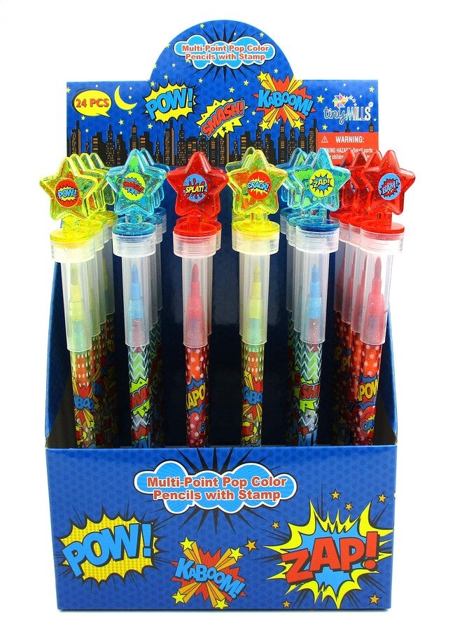 TINYMILLS 24 Pcs Superhero Rainbow Stackable Crayon with Stamper Topper - Image 1