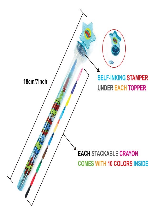 TINYMILLS 24 Pcs Superhero Rainbow Stackable Crayon with Stamper Topper - Image 2