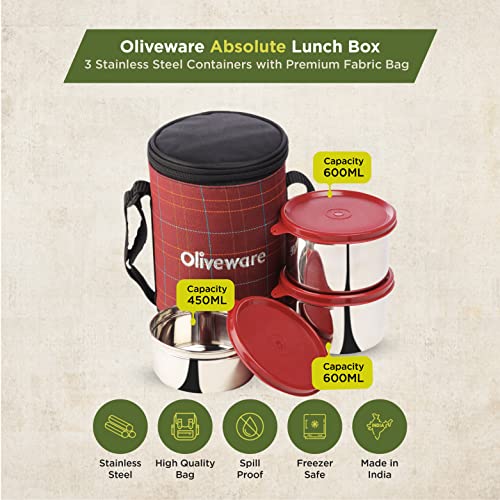 SOPL-OLIVEWARE Absolute Lunch Box, 100% Leak Proof, 3 Stainless Steel Containers with BPA Free Lids (2x600ml & 450ml), Fabric Bag (Red) - Image 2