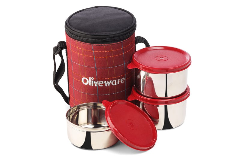 SOPL-OLIVEWARE Absolute Lunch Box, 100% Leak Proof, 3 Stainless Steel Containers with BPA Free Lids (2x600ml & 450ml), Fabric Bag (Red) - Image 1