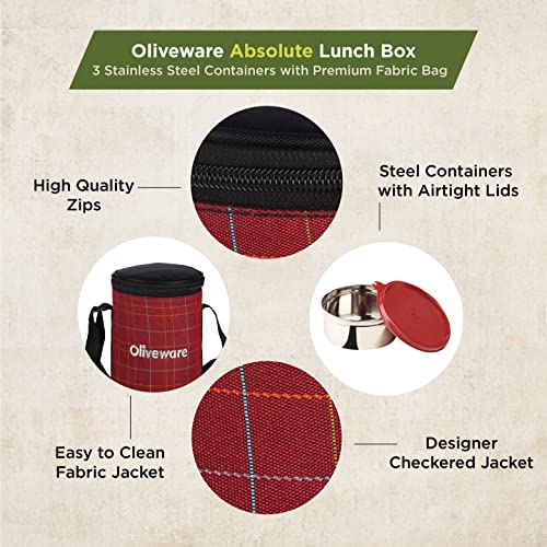 SOPL-OLIVEWARE Absolute Lunch Box, 100% Leak Proof, 3 Stainless Steel Containers with BPA Free Lids (2x600ml & 450ml), Fabric Bag (Red) - Image 3