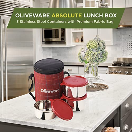 SOPL-OLIVEWARE Absolute Lunch Box, 100% Leak Proof, 3 Stainless Steel Containers with BPA Free Lids (2x600ml & 450ml), Fabric Bag (Red) - Image 4