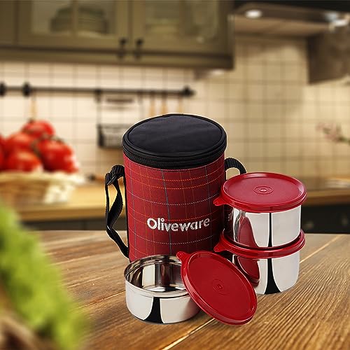 SOPL-OLIVEWARE Absolute Lunch Box, 100% Leak Proof, 3 Stainless Steel Containers with BPA Free Lids (2x600ml & 450ml), Fabric Bag (Red) - Image 5