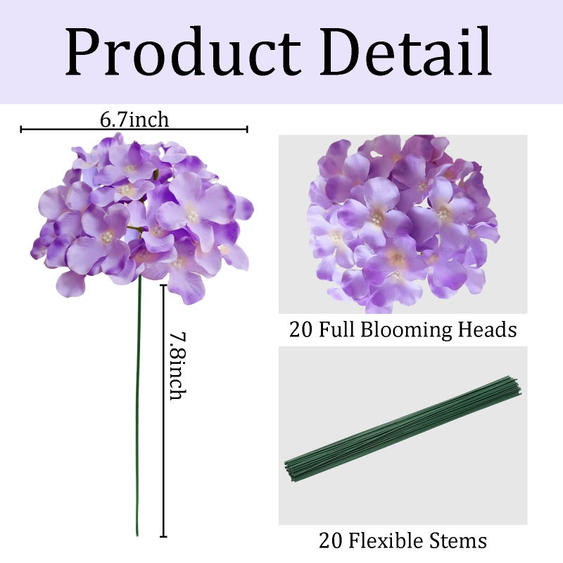 Cherica Hydrangea Artificial Flowers, 20 Pcs Purple Hydrangea Artificial Flowers Bulk, Faux Hydrangea Flowers for Outdoor, Fake Silk Hydrangea Flowers with Stems for Wedding Decoration Decor - Image 3