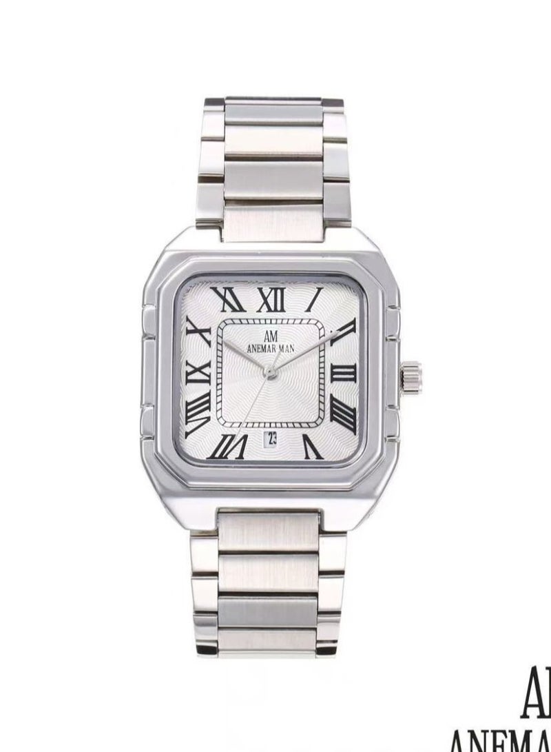 ANEMAR MAN Men's waterproof watch, high quality steel, silver bracelet with silver dial