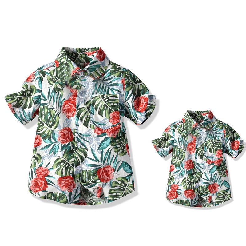 Summer Family Wear Flower Short-Sleeved Cotton Shirt Lapel Beach Vacation Parent-Child Trendy Versatile Printed Casual Cardigan - Image 1