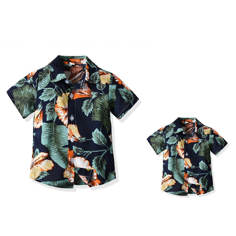 Summer Family Wear Flower Short-Sleeved Cotton Shirt Lapel Beach Vacation Parent-Child Trendy Versatile Printed Casual Cardigan - Image 5