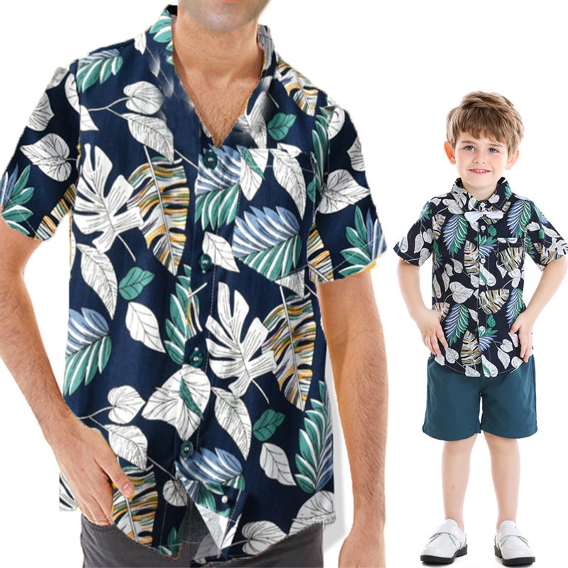 Summer Family Wear Flower Short-Sleeved Cotton Shirt Lapel Beach Vacation Parent-Child Trendy Versatile Printed Casual Cardigan - Image 2