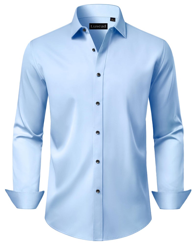 Lusead Light Blue Button Down Shirt Men Long Sleeve Slim Fit Formal Wedding Stretch Wrinkle Free Mens Dress Shirt - Image 1