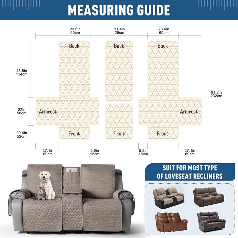 TAOCOCO 100 Waterproof Recliner Cover Loveseat Recliner Cover with Center ConsoleNonSlip Reclining Couch Covers for 2 Seatwith Elastic Straps Pocket for Kids Dogs Pets Taupe 2 Seater XL - Image 4