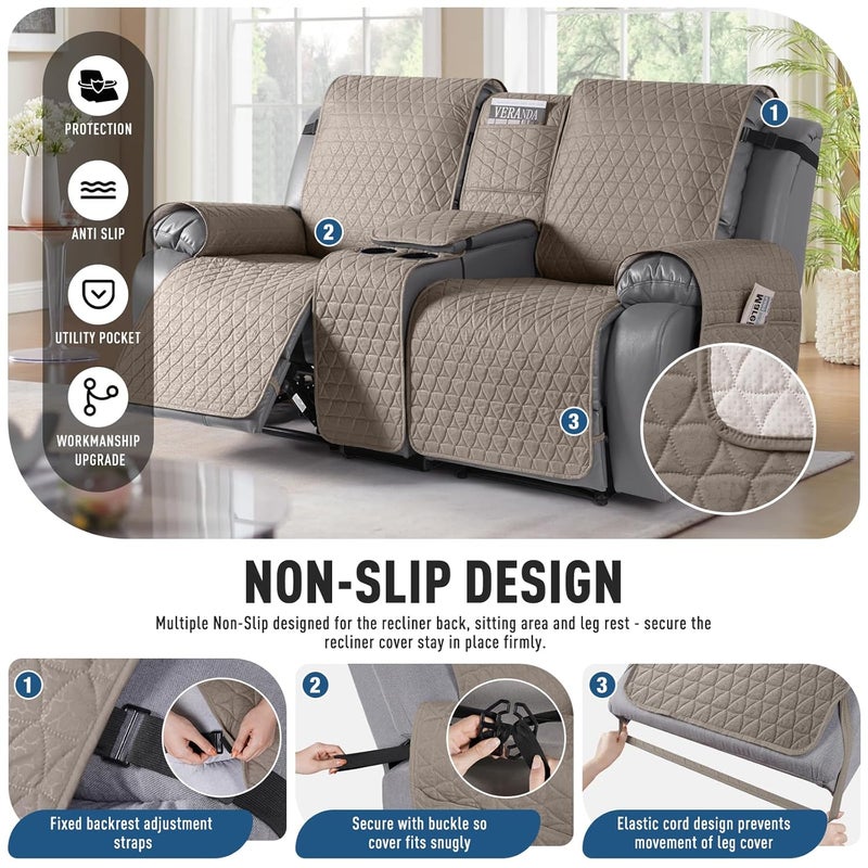 TAOCOCO 100 Waterproof Recliner Cover Loveseat Recliner Cover with Center ConsoleNonSlip Reclining Couch Covers for 2 Seatwith Elastic Straps Pocket for Kids Dogs Pets Taupe 2 Seater XL - Image 3