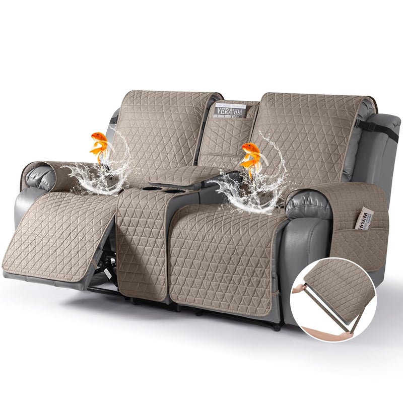 TAOCOCO 100 Waterproof Recliner Cover Loveseat Recliner Cover with Center ConsoleNonSlip Reclining Couch Covers for 2 Seatwith Elastic Straps Pocket for Kids Dogs Pets Taupe 2 Seater XL - Image 1