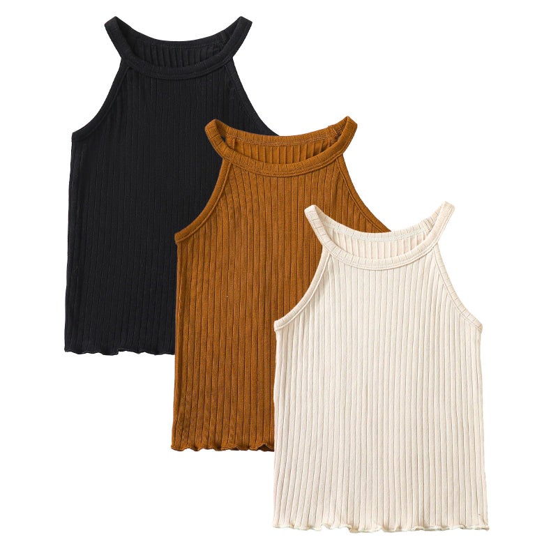ROMPERINBOX Toddler Tank Tops Girls 3 Pack Ribbed Knit Multipacks Halter Top Camisoles Undershirt 3-7 Years(Black/Beige/Brown,3T) - Image 1