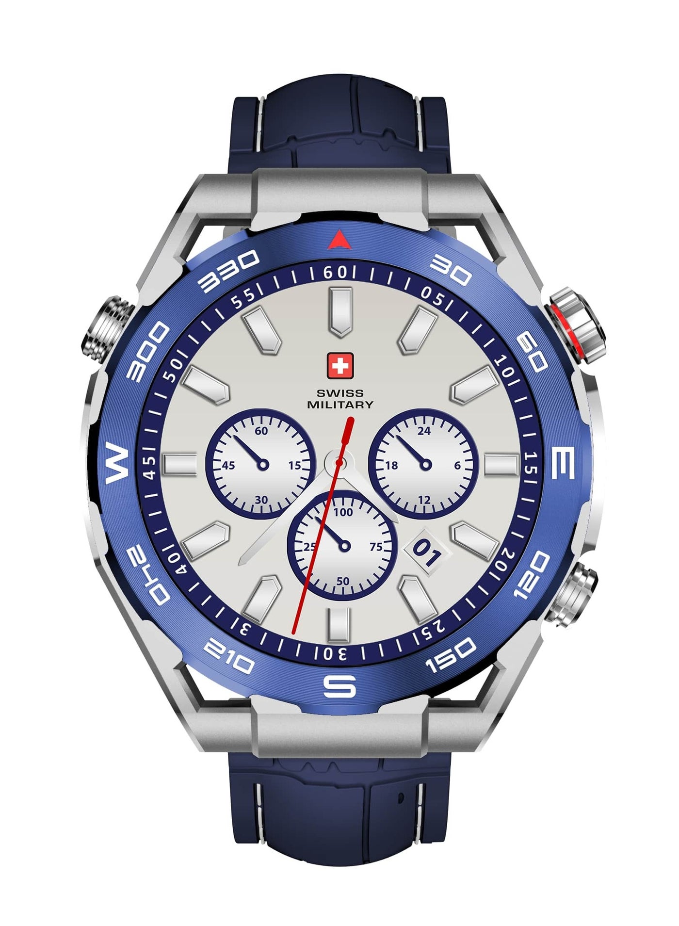 Swiss Military DOM3 Smartwatch 1.43" AMOLED, Bluetooth Calling, Multi Language, Health & Sports Tracking, Wireless Charging, 7 Days Battery, IP67, iOS/Android Compatible, Blue Frame + 2 Straps