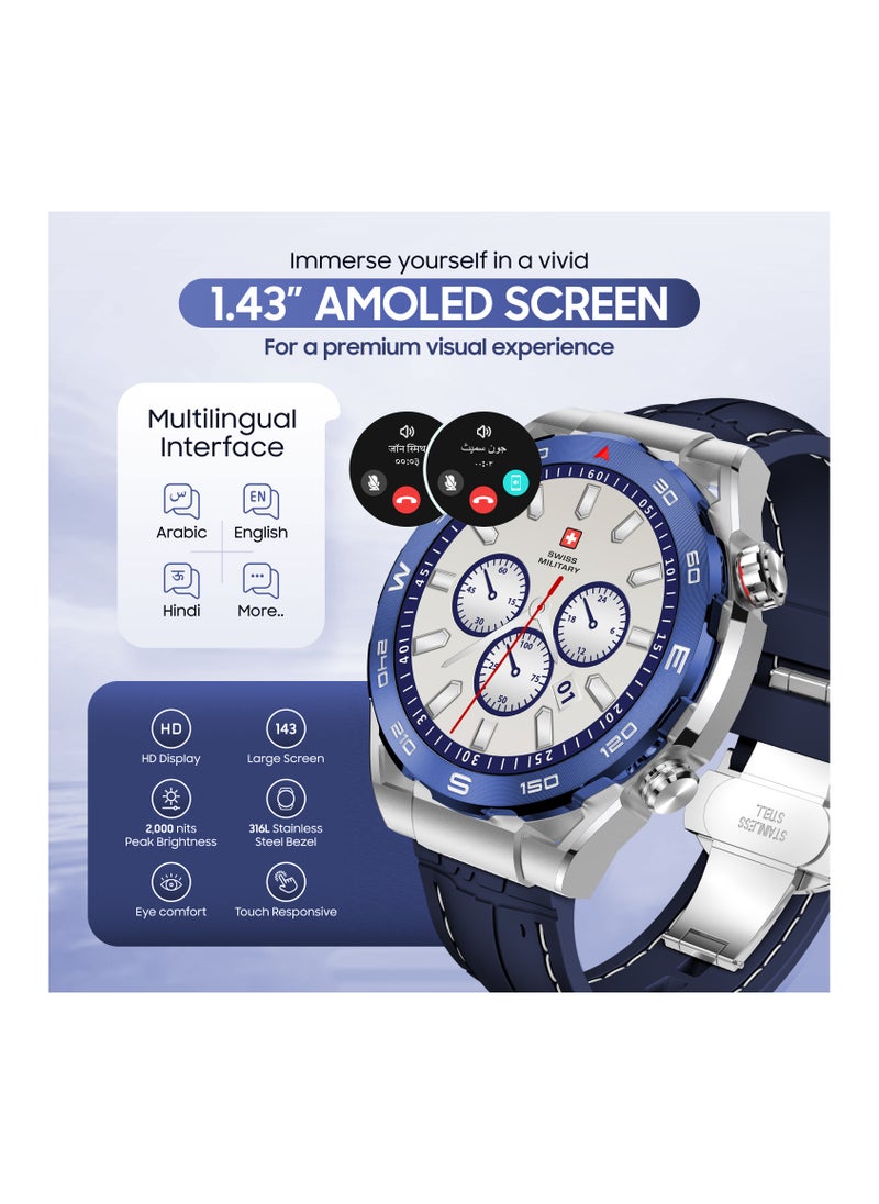 SWISS MILITARY - Swiss Military DOM3 Smartwatch 1.43" AMOLED, Bluetooth Calling, Multi Language, Health & Sports Tracking, Wireless Charging, 7 Days Battery, IP67, iOS/Android Compatible, Blue Frame + 2 Straps - Image 1