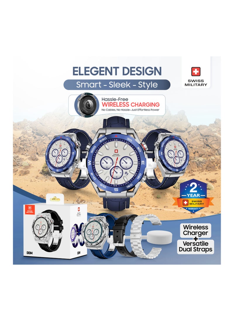 SWISS MILITARY - Swiss Military DOM3 Smartwatch 1.43" AMOLED, Bluetooth Calling, Multi Language, Health & Sports Tracking, Wireless Charging, 7 Days Battery, IP67, iOS/Android Compatible, Blue Frame + 2 Straps - Image 1