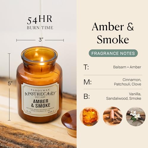 Paddywax Artisan Apothecary Scented Candle with Lid in Reusable Glass Jar, Clean-Burn Soy Candle with Approx. 54 Hour Burn Time, Amber & Smoke, 8 oz. - Image 2