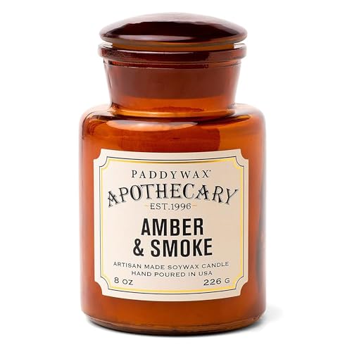 Paddywax Artisan Apothecary Scented Candle with Lid in Reusable Glass Jar, Clean-Burn Soy Candle with Approx. 54 Hour Burn Time, Amber & Smoke, 8 oz. - Image 1