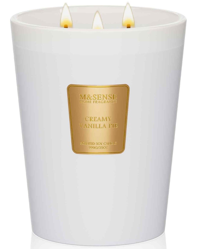 M&SENSE Creamy Vanilla Soy Large Candles, 3-Wick 35oz 150H Long Lasting, Aromatherapy Candle for Bedroom Stress Relief New Year Home Refresh - Image 1