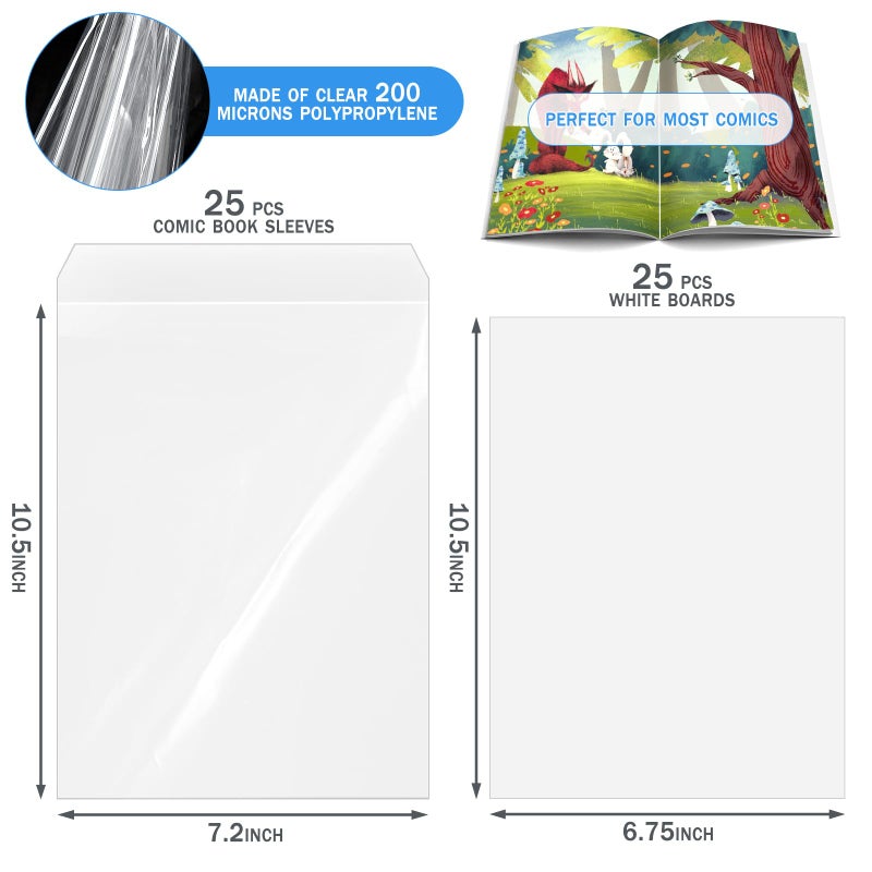 VOKOY 25 Sets Current Size Comic Book Bags and Boards, Reusable Transparent Comic Book Sleeves with Double-Sided White Cardboard Regular Comics Magazine Storage for Collector Small Business - Image 2