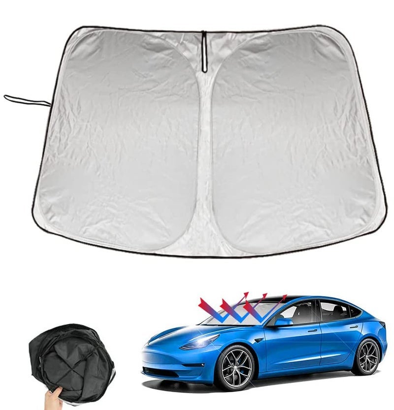 ROCCS Compatible with Tesla Model 3 Model Y Front Windshield Sunshade - 210T Double Layer Blocking Fabric Foldable Heat Shield Sun Visor - Folding Sun Shade with Elastic Rope and Storage Bag