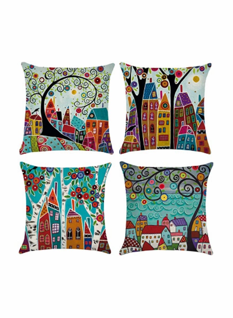 SYOSI Throw Cushion Covers Square Pillow Covers Soft Linen Pillowcases Abstract House Set of 4 for Living Room Sofa Bedroom with Invisible Zipper 18x18 Inches - Image 1