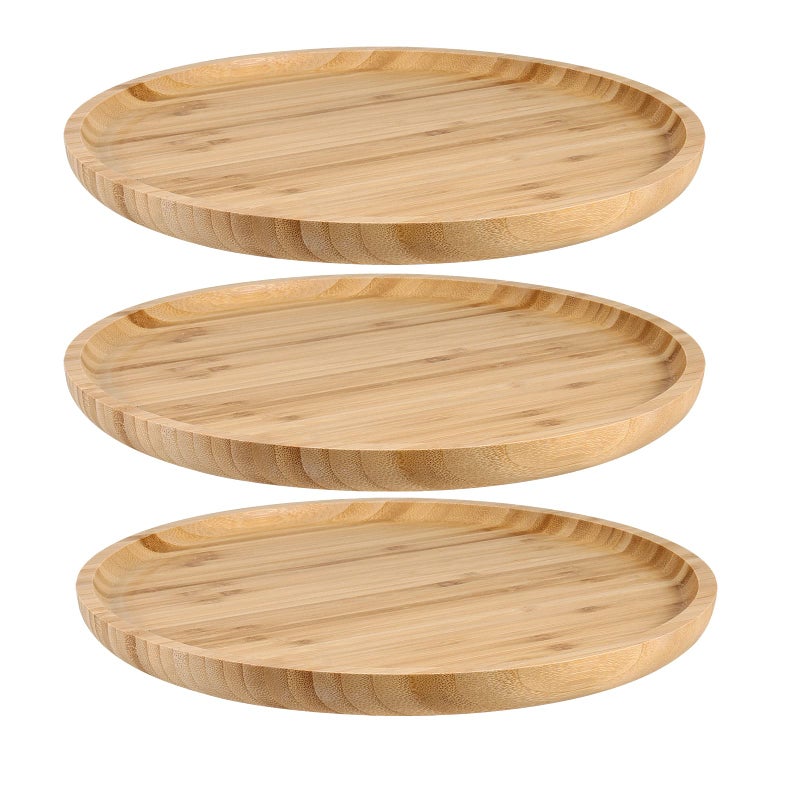 JOIKIT 3 Pack 8 Inch Bamboo Round Platter, Fine Polished Round Wood Plates Bamboo Serving Tray for Holding Fruit, Bread, Cheese, Nut, Coffee, Tea, Plant Saucer - Image 1
