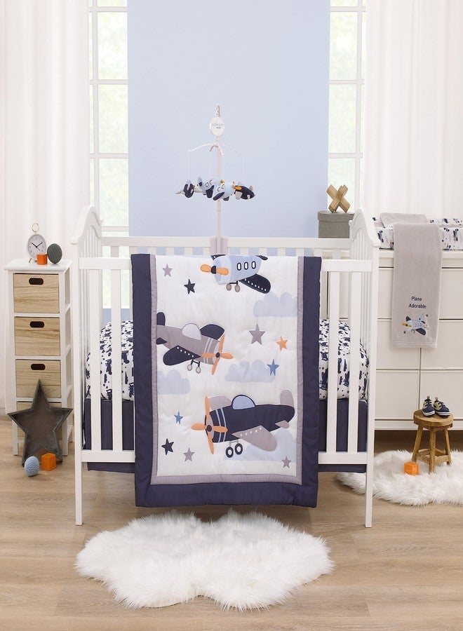 NoJo Little Love by NoJo Soar High Little One Gray, Navy, Light Blue, and White Airplanes Contoured Changing Pad Cover - Image 3
