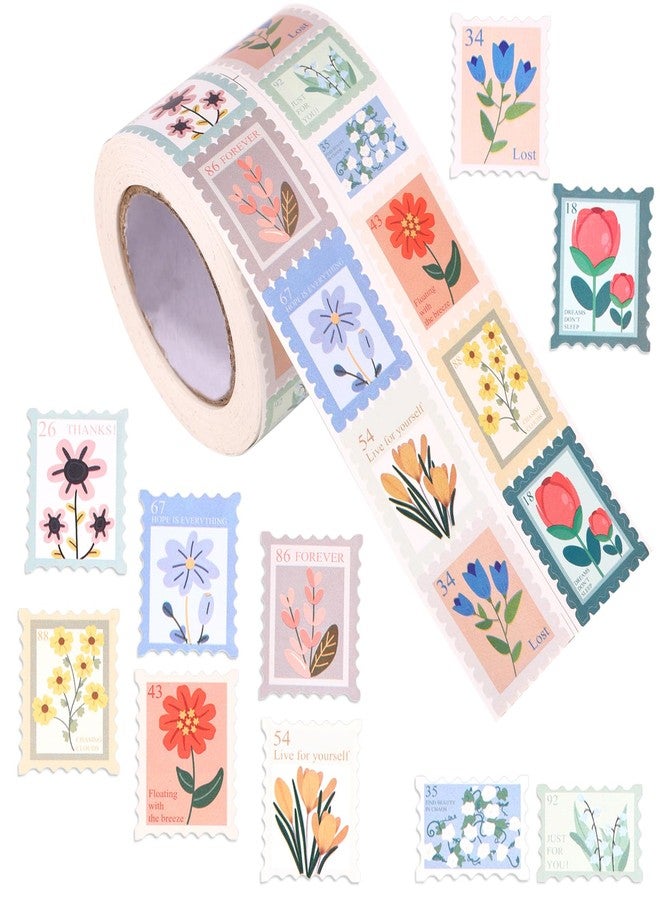 Sinbana 2 Rolls 1000 Pcs Flower Stamp Stickers for Kids, 10 Styles Colorful PVC Floral Postage Stamp Stickers for Kids Scrapbook Journal Planner Party Favors Gift Wrapping Crafts - Image 1