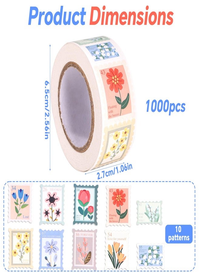 Sinbana 2 Rolls 1000 Pcs Flower Stamp Stickers for Kids, 10 Styles Colorful PVC Floral Postage Stamp Stickers for Kids Scrapbook Journal Planner Party Favors Gift Wrapping Crafts - Image 2